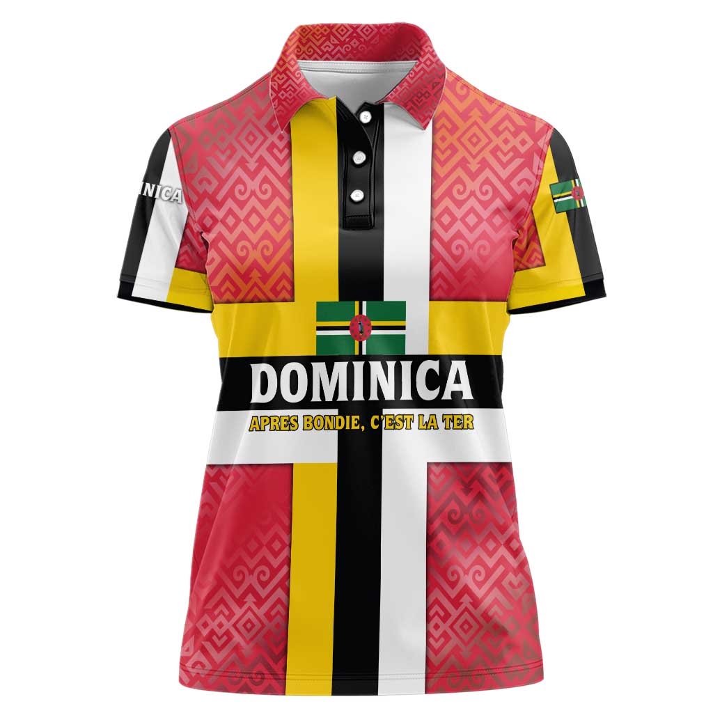 Dominica Flag Women Polo Shirt Red Yellow and Black with Coat of Arms and National Motto Design - Wonder Print Shop