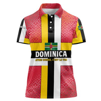 Dominica Flag Women Polo Shirt Red Yellow and Black with Coat of Arms and National Motto Design - Wonder Print Shop