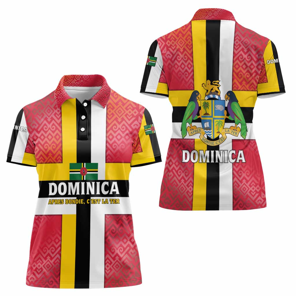 Dominica Flag Women Polo Shirt Red Yellow and Black with Coat of Arms and National Motto Design - Wonder Print Shop