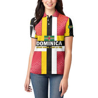 Dominica Flag Women Polo Shirt Red Yellow and Black with Coat of Arms and National Motto Design - Wonder Print Shop