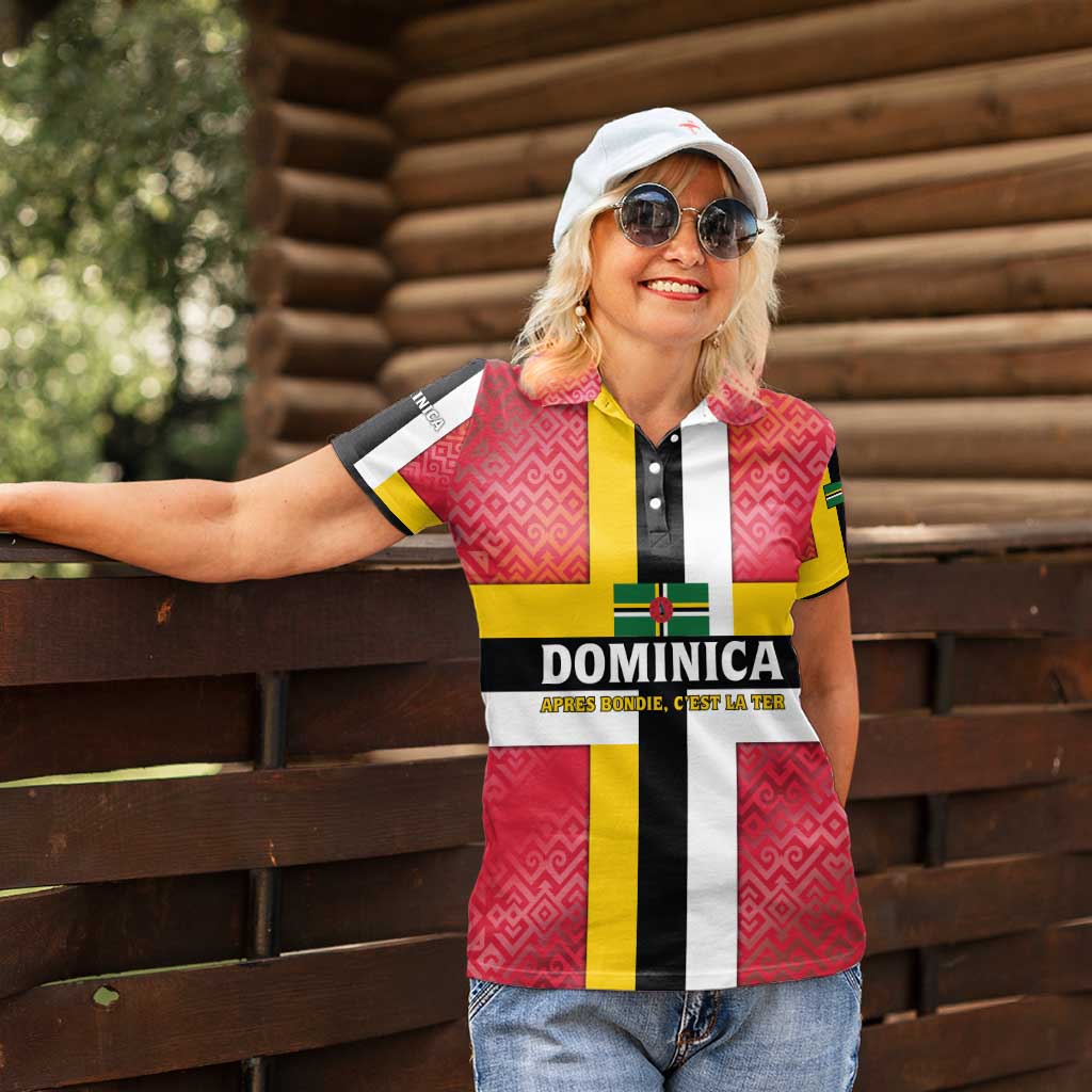 Dominica Flag Women Polo Shirt Red Yellow and Black with Coat of Arms and National Motto Design - Wonder Print Shop