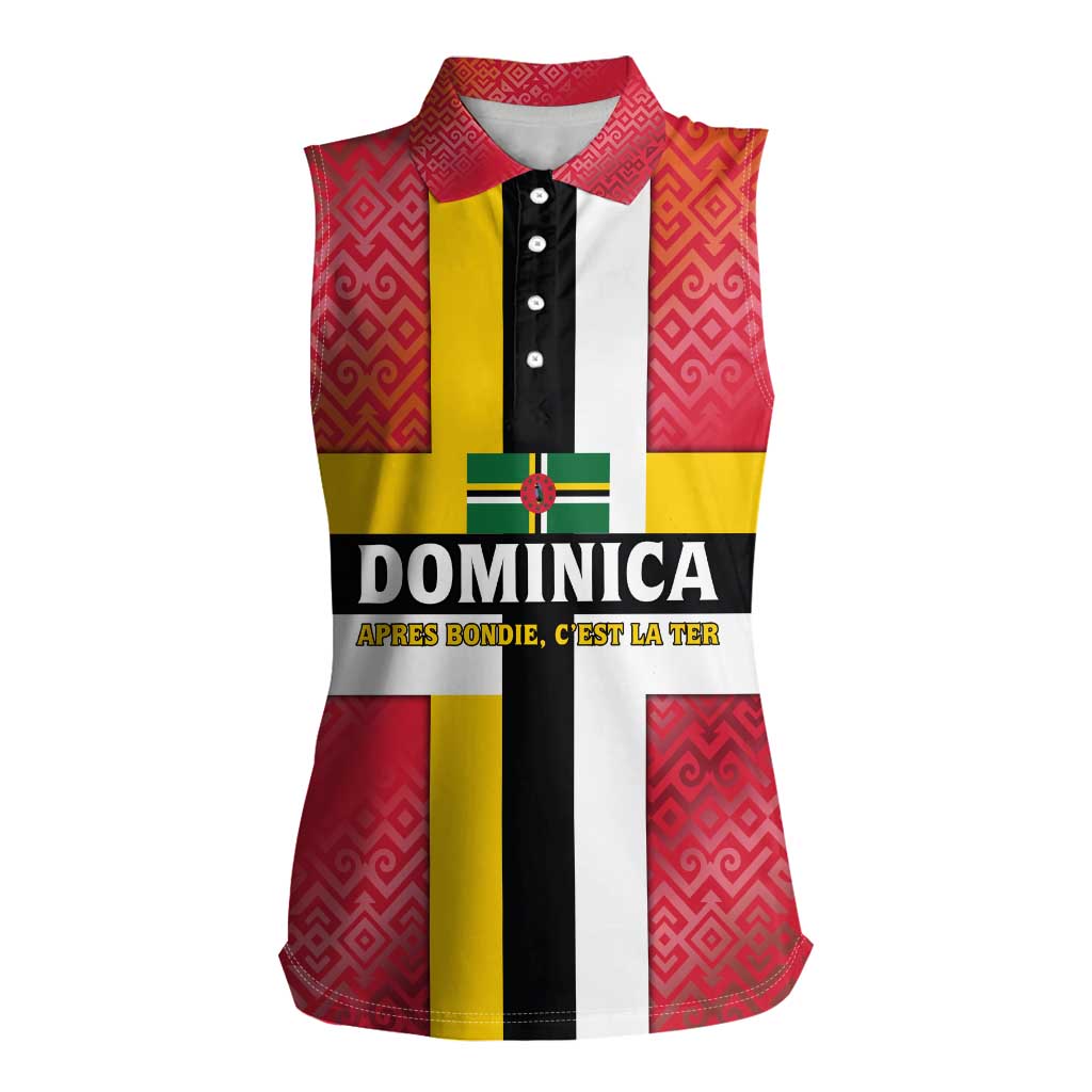 Dominica Flag Women Sleeveless Polo Shirt Red Yellow and Black with Coat of Arms and National Motto Design - Wonder Print Shop