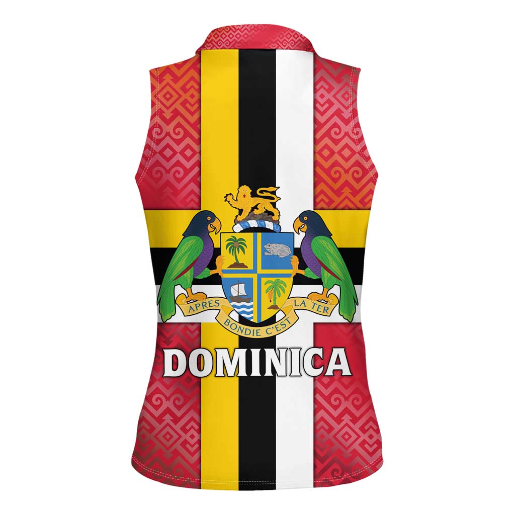 Dominica Flag Women Sleeveless Polo Shirt Red Yellow and Black with Coat of Arms and National Motto Design - Wonder Print Shop