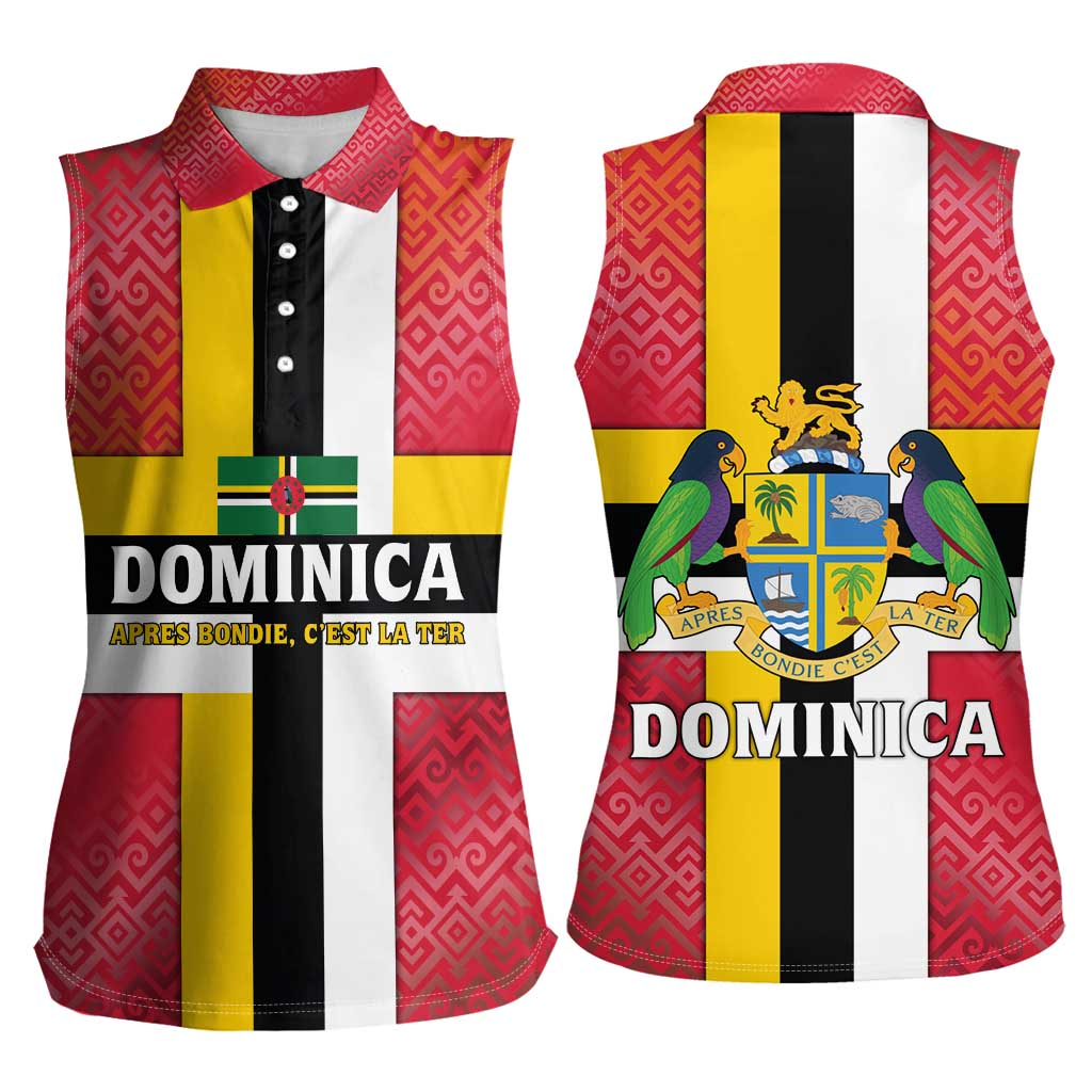 Dominica Flag Women Sleeveless Polo Shirt Red Yellow and Black with Coat of Arms and National Motto Design - Wonder Print Shop
