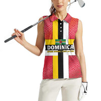 Dominica Flag Women Sleeveless Polo Shirt Red Yellow and Black with Coat of Arms and National Motto Design - Wonder Print Shop