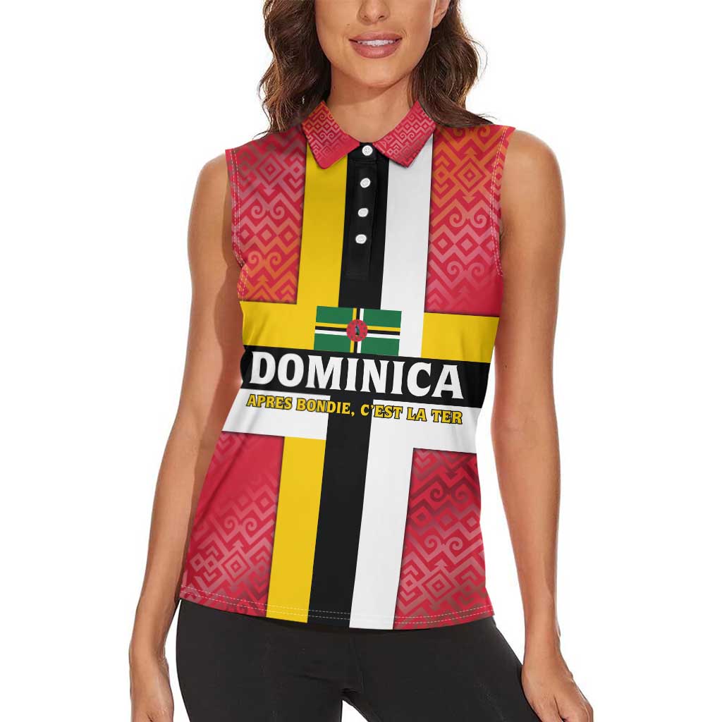 Dominica Flag Women Sleeveless Polo Shirt Red Yellow and Black with Coat of Arms and National Motto Design - Wonder Print Shop