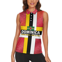 Dominica Flag Women Sleeveless Polo Shirt Red Yellow and Black with Coat of Arms and National Motto Design - Wonder Print Shop