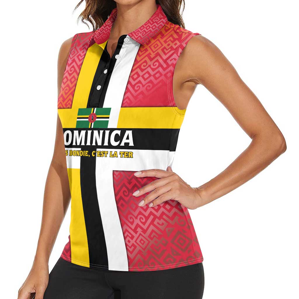 Dominica Flag Women Sleeveless Polo Shirt Red Yellow and Black with Coat of Arms and National Motto Design - Wonder Print Shop