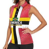Dominica Flag Women Sleeveless Polo Shirt Red Yellow and Black with Coat of Arms and National Motto Design - Wonder Print Shop