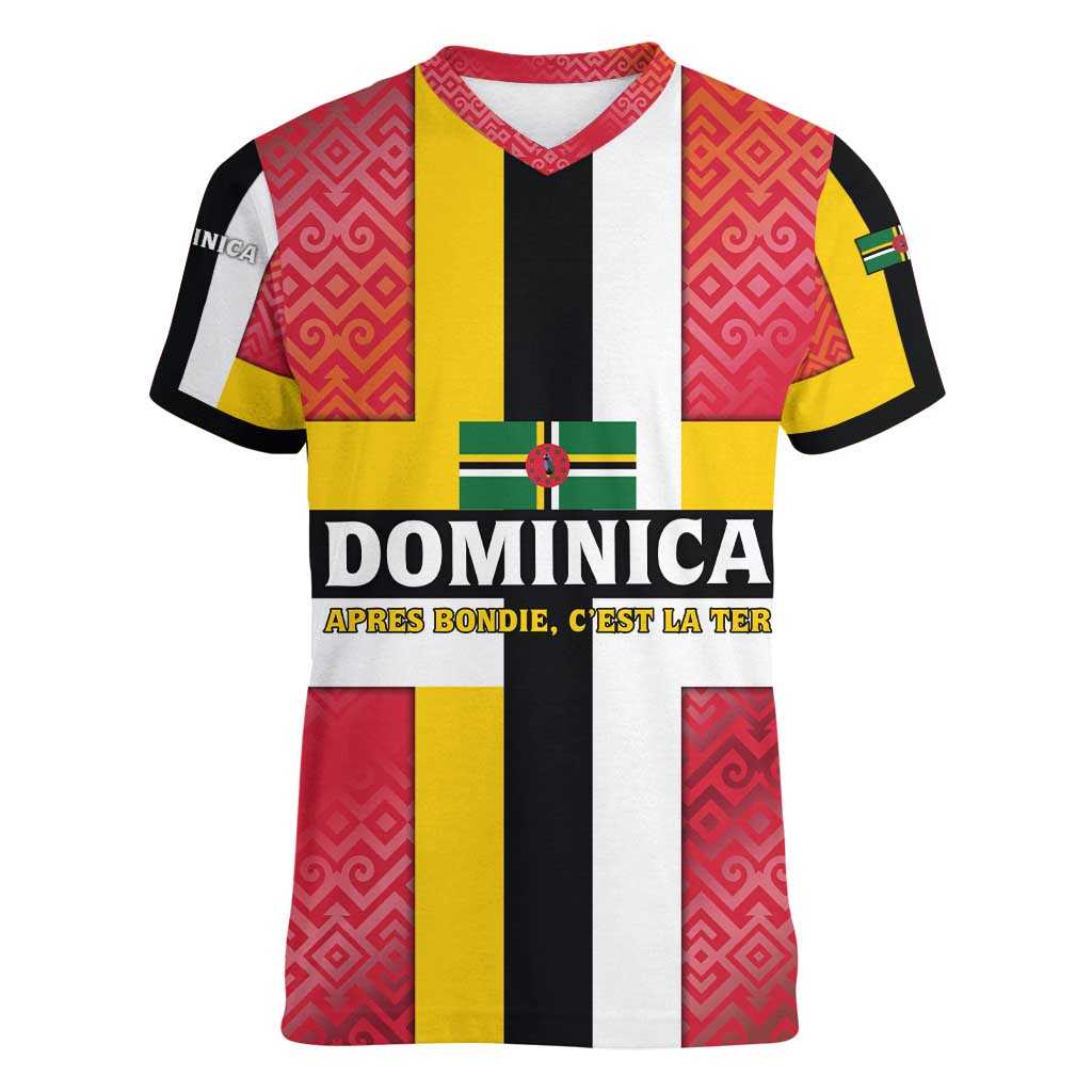 Dominica Flag Women V-Neck T-Shirt Red Yellow and Black with Coat of Arms and National Motto Design - Wonder Print Shop