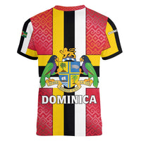 Dominica Flag Women V-Neck T-Shirt Red Yellow and Black with Coat of Arms and National Motto Design - Wonder Print Shop