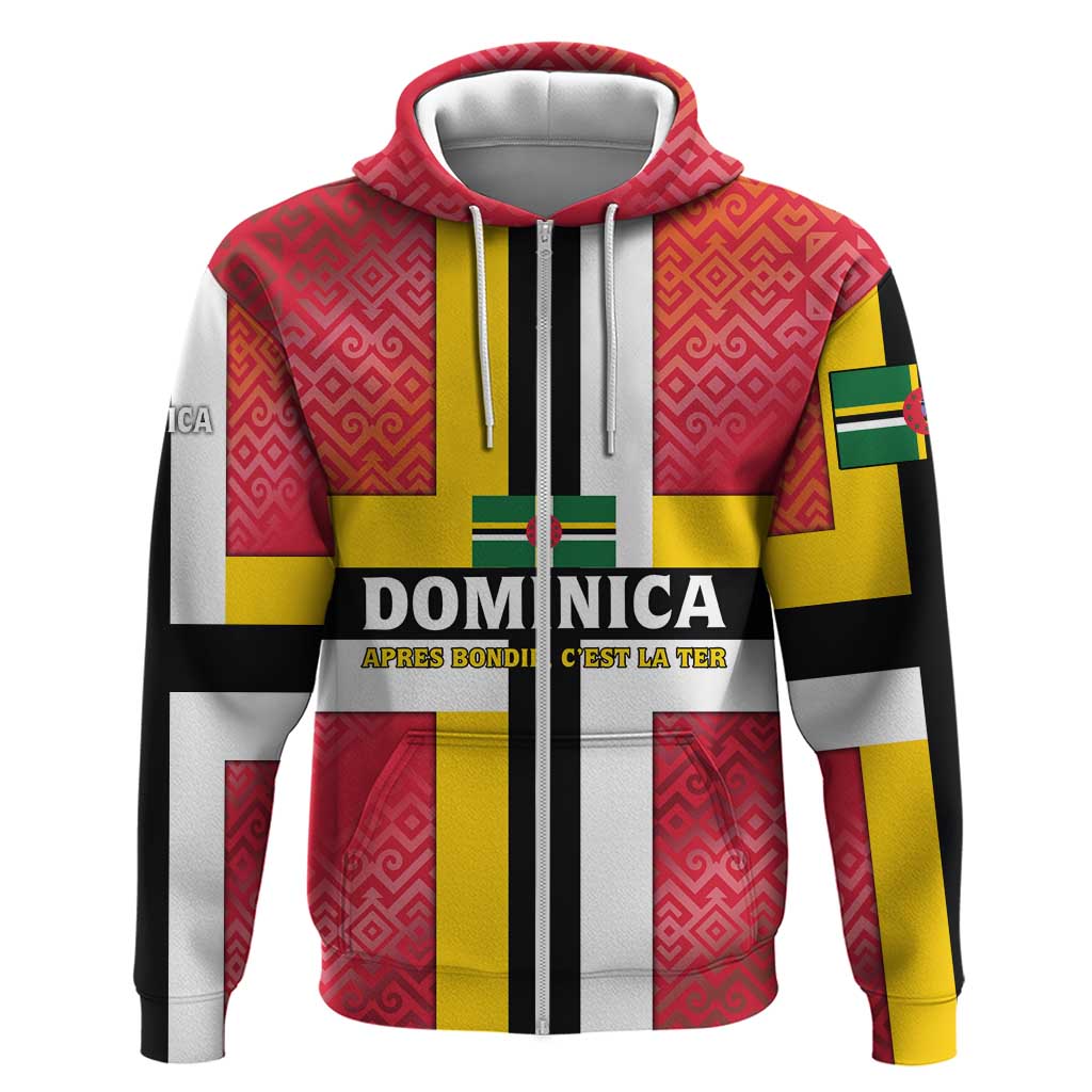 Dominica Flag Zip Hoodie Red Yellow and Black with Coat of Arms and National Motto Design - Wonder Print Shop