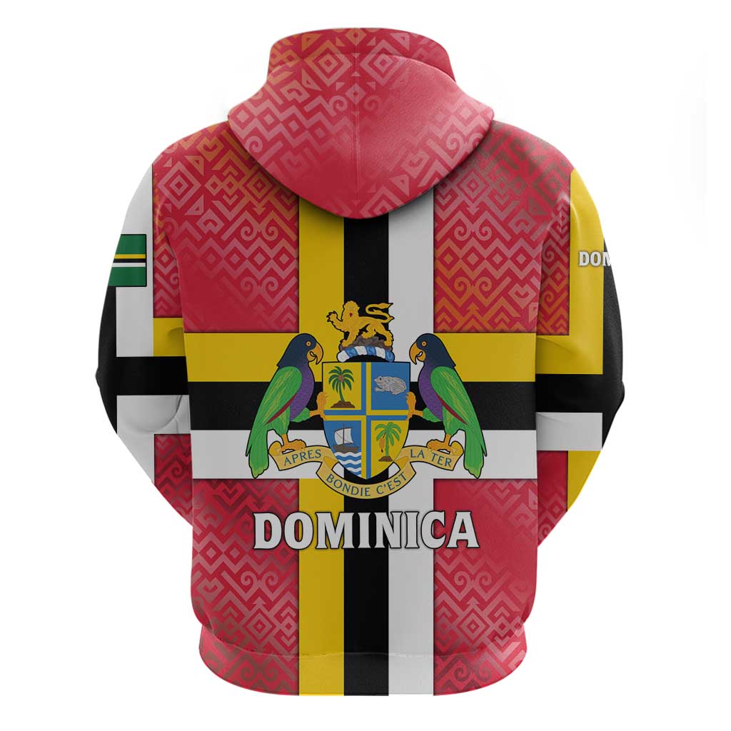 Dominica Flag Zip Hoodie Red Yellow and Black with Coat of Arms and National Motto Design - Wonder Print Shop