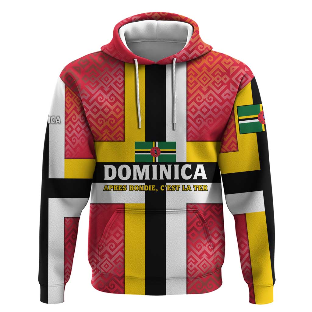 Dominica Flag Zip Hoodie Red Yellow and Black with Coat of Arms and National Motto Design - Wonder Print Shop