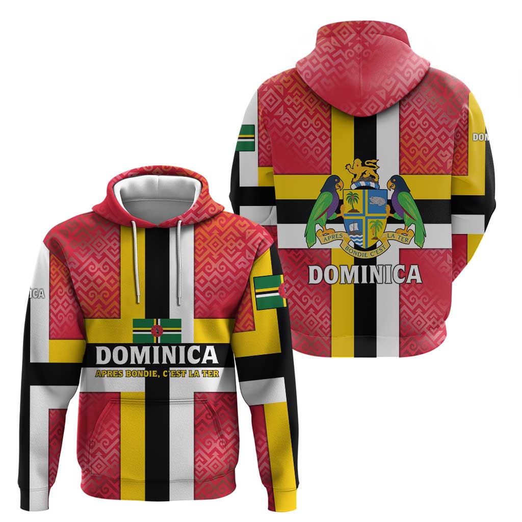 Dominica Flag Zip Hoodie Red Yellow and Black with Coat of Arms and National Motto Design - Wonder Print Shop