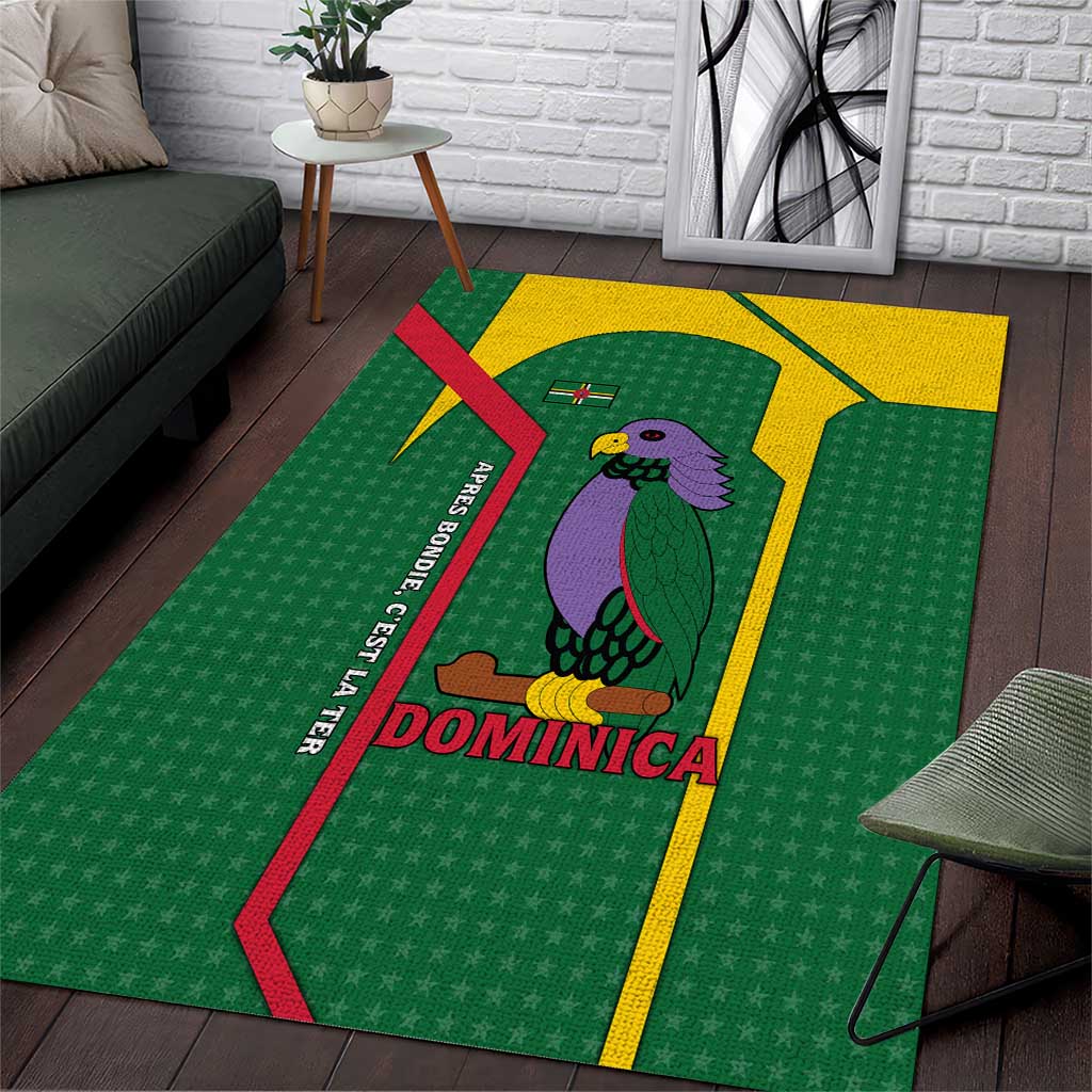 Dominica Flag Area Rug National Parrot and Stars Design with Motto Apres Bondie C’est La Ter - Wonder Print Shop