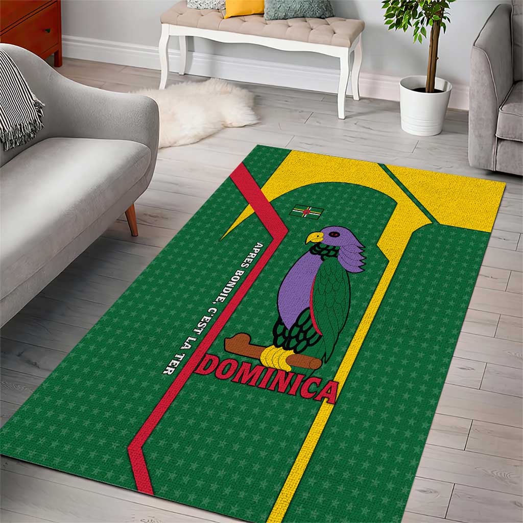 Dominica Flag Area Rug National Parrot and Stars Design with Motto Apres Bondie C’est La Ter - Wonder Print Shop