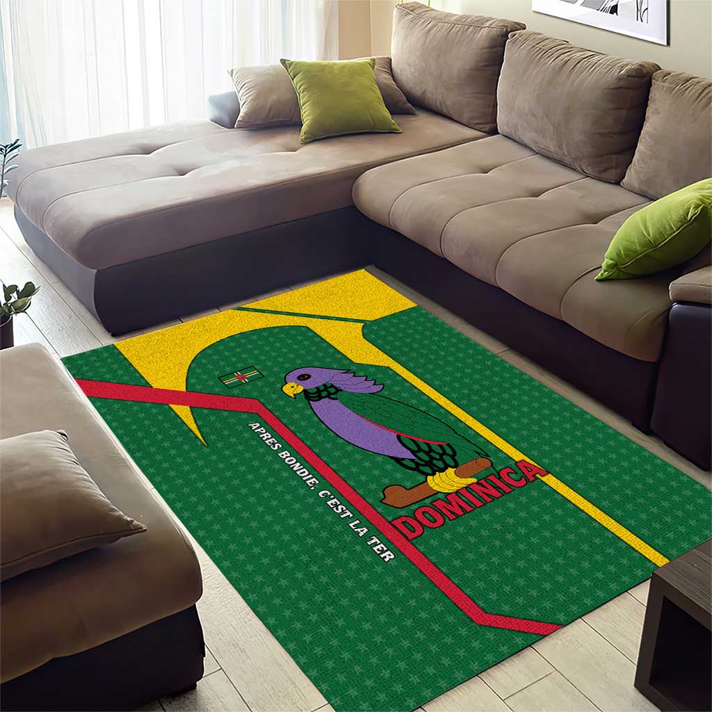Dominica Flag Area Rug National Parrot and Stars Design with Motto Apres Bondie C’est La Ter - Wonder Print Shop