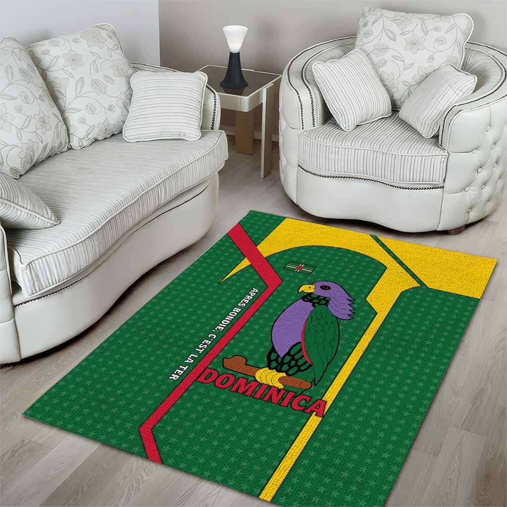 Dominica Flag Area Rug National Parrot and Stars Design with Motto Apres Bondie C’est La Ter - Wonder Print Shop