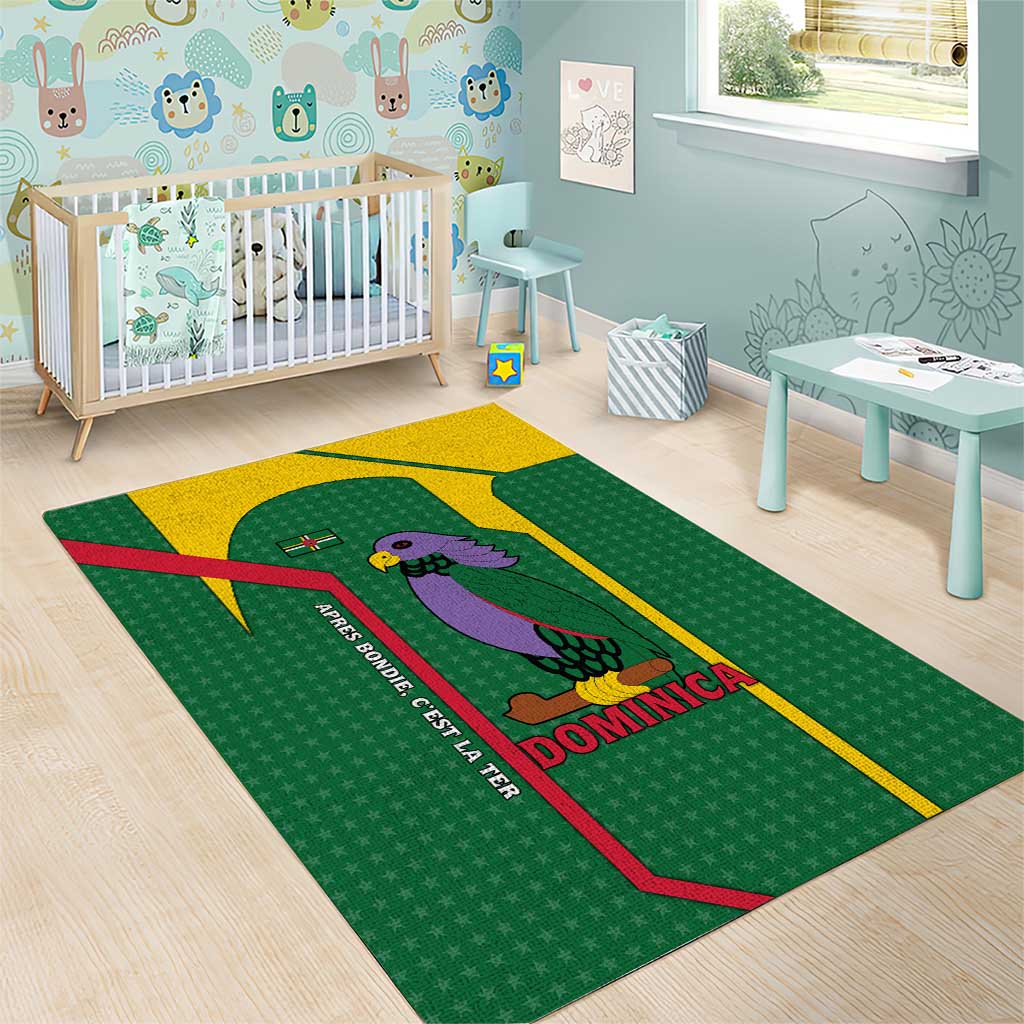 Dominica Flag Area Rug National Parrot and Stars Design with Motto Apres Bondie C’est La Ter - Wonder Print Shop