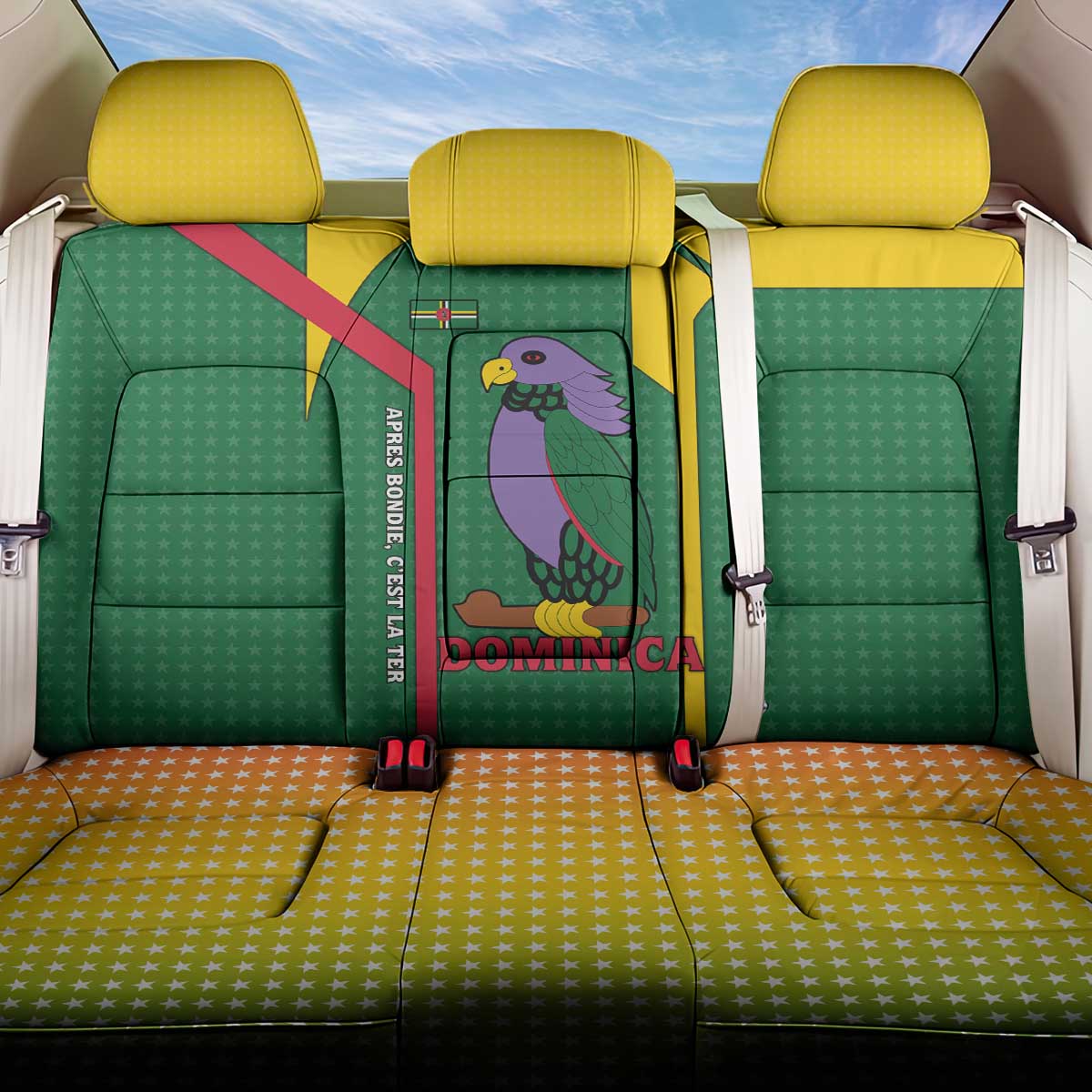 Dominica Flag Back Car Seat Cover National Parrot and Stars Design with Motto Apres Bondie C’est La Ter - Wonder Print Shop