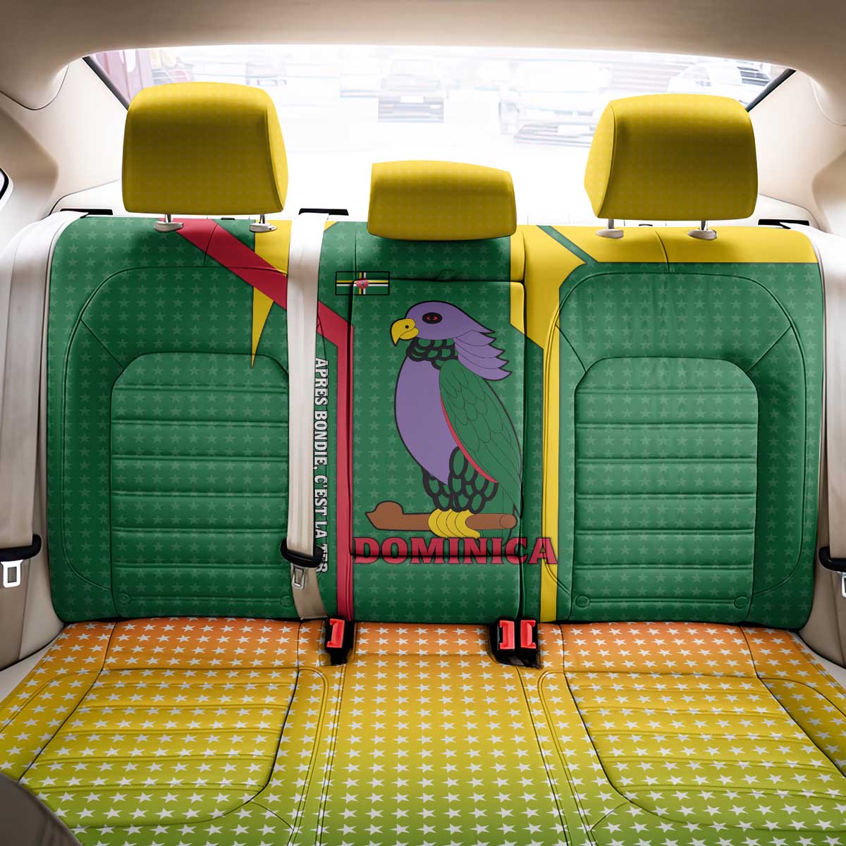 Dominica Flag Back Car Seat Cover National Parrot and Stars Design with Motto Apres Bondie C’est La Ter - Wonder Print Shop