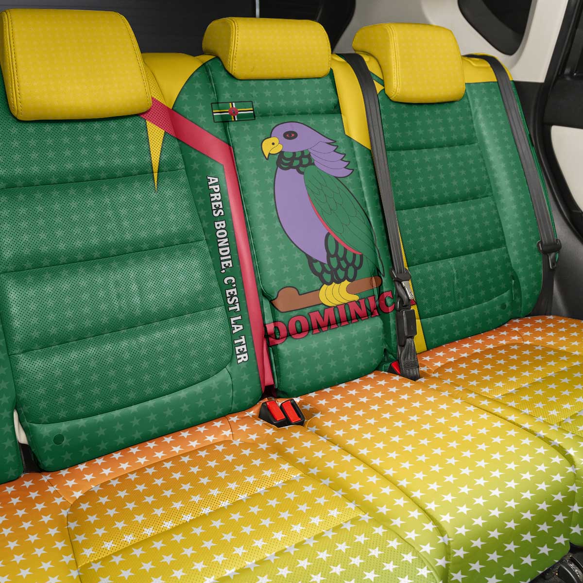 Dominica Flag Back Car Seat Cover National Parrot and Stars Design with Motto Apres Bondie C’est La Ter - Wonder Print Shop