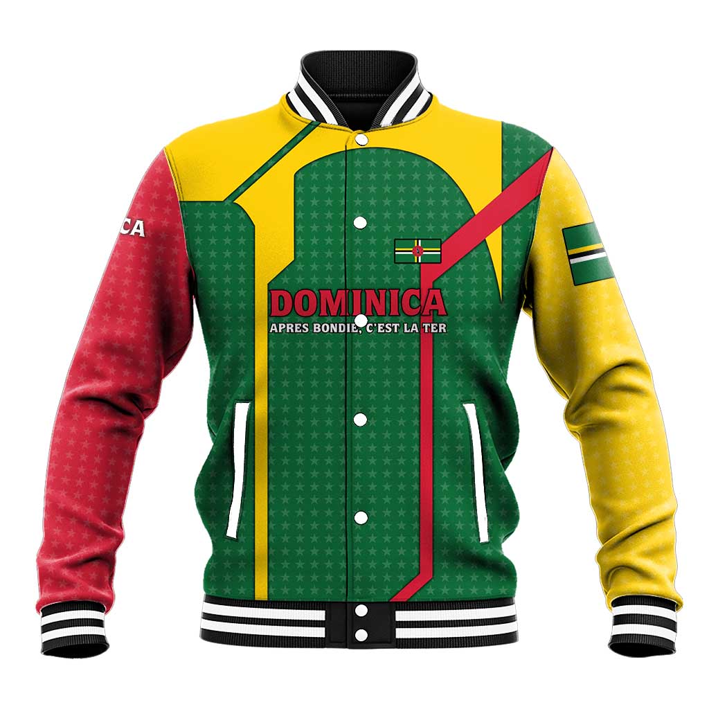 Dominica Flag Baseball Jacket National Parrot and Stars Design with Motto Apres Bondie C’est La Ter - Wonder Print Shop