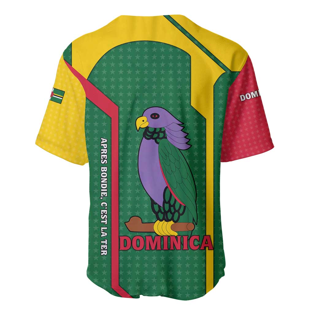 Dominica Flag Baseball Jersey National Parrot and Stars Design with Motto Apres Bondie C’est La Ter - Wonder Print Shop