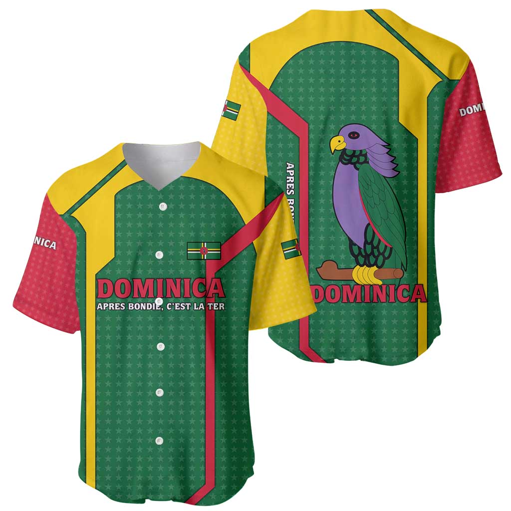 Dominica Flag Baseball Jersey National Parrot and Stars Design with Motto Apres Bondie C’est La Ter - Wonder Print Shop