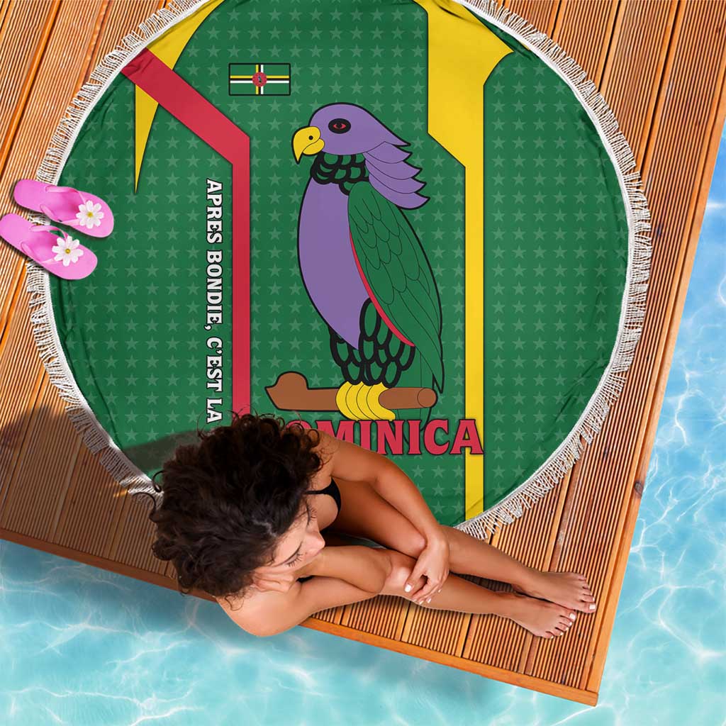 Dominica Flag Beach Blanket National Parrot and Stars Design with Motto Apres Bondie C’est La Ter - Wonder Print Shop