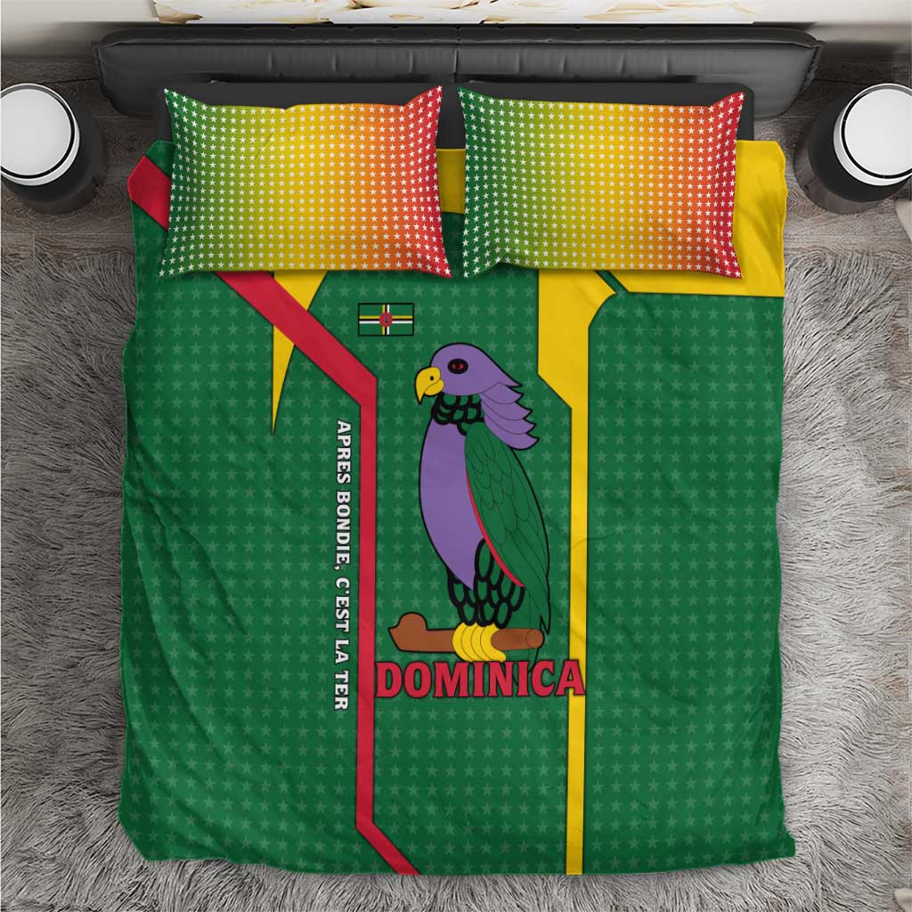 Dominica Flag Bedding Set National Parrot and Stars Design with Motto Apres Bondie C’est La Ter - Wonder Print Shop