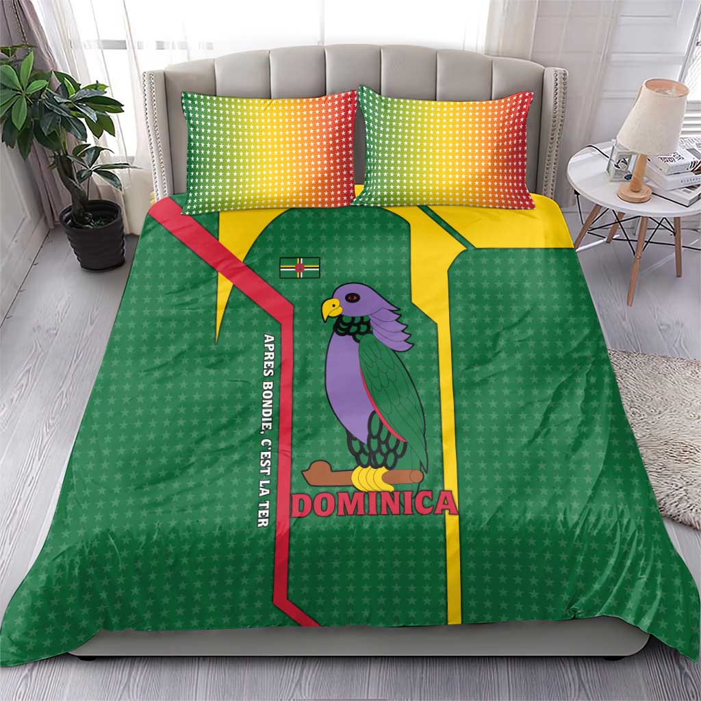 Dominica Flag Bedding Set National Parrot and Stars Design with Motto Apres Bondie C’est La Ter - Wonder Print Shop