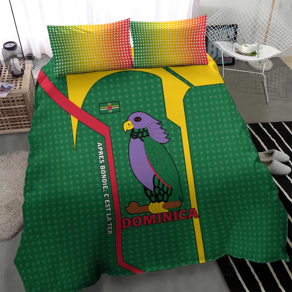 Dominica Flag Bedding Set National Parrot and Stars Design with Motto Apres Bondie C’est La Ter - Wonder Print Shop