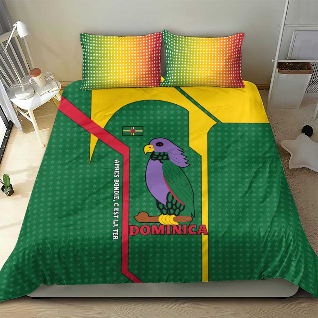 Dominica Flag Bedding Set National Parrot and Stars Design with Motto Apres Bondie C’est La Ter - Wonder Print Shop