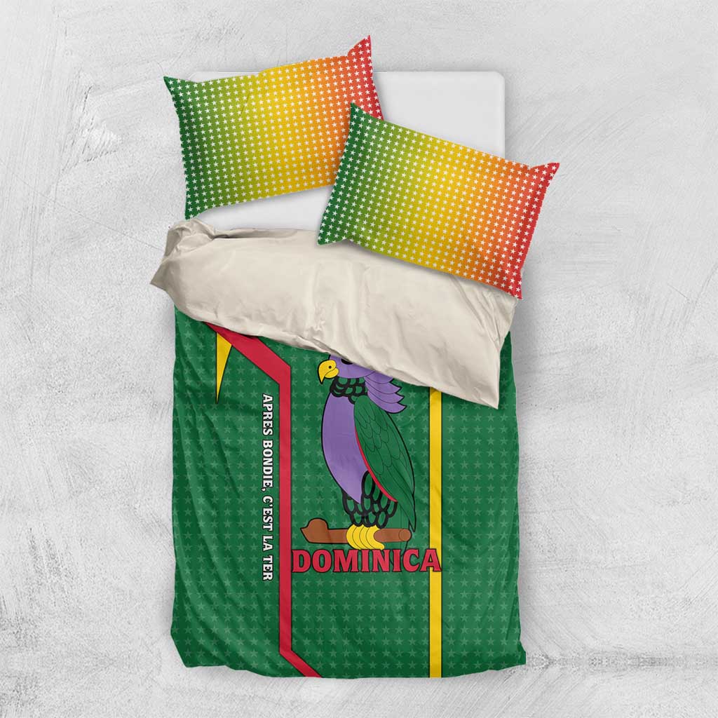 Dominica Flag Bedding Set National Parrot and Stars Design with Motto Apres Bondie C’est La Ter - Wonder Print Shop