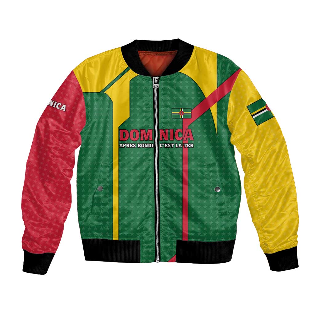 Dominica Flag Bomber Jacket National Parrot and Stars Design with Motto Apres Bondie C’est La Ter - Wonder Print Shop