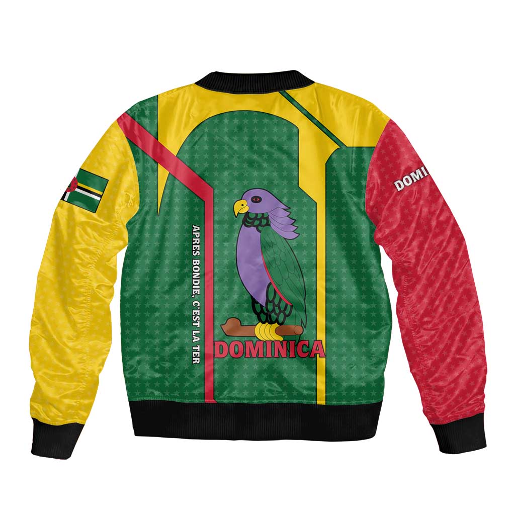 Dominica Flag Bomber Jacket National Parrot and Stars Design with Motto Apres Bondie C’est La Ter - Wonder Print Shop