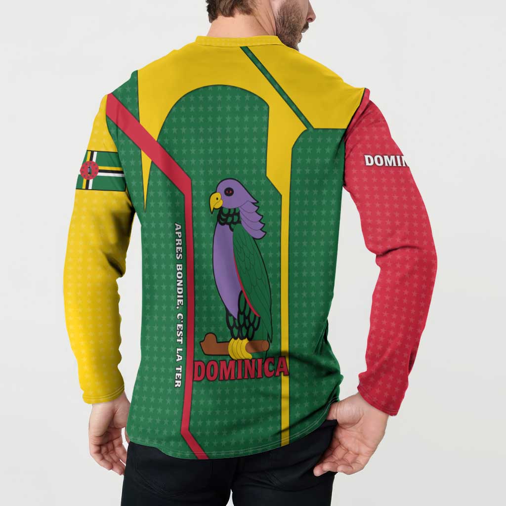 Dominica Flag Button Sweatshirt National Parrot and Stars Design with Motto Apres Bondie C’est La Ter - Wonder Print Shop