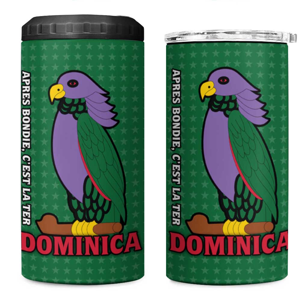 Dominica Flag 4 in 1 Can Cooler Tumbler National Parrot and Stars Design with Motto Apres Bondie C’est La Ter - Wonder Print Shop