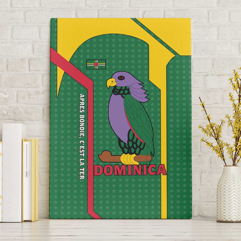 Dominica Flag Canvas Wall Art National Parrot and Stars Design with Motto Apres Bondie C’est La Ter - Wonder Print Shop
