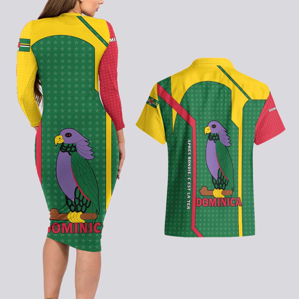 Dominica Flag Couples Matching Long Sleeve Bodycon Dress and Hawaiian Shirt National Parrot and Stars Design with Motto Apres Bondie C’est La Ter - Wonder Print Shop