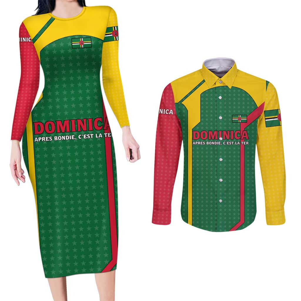 Dominica Flag Couples Matching Long Sleeve Bodycon Dress and Long Sleeve Button Shirt National Parrot and Stars Design with Motto Apres Bondie C’est La Ter - Wonder Print Shop