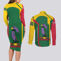 Dominica Flag Couples Matching Long Sleeve Bodycon Dress and Long Sleeve Button Shirt National Parrot and Stars Design with Motto Apres Bondie C’est La Ter - Wonder Print Shop
