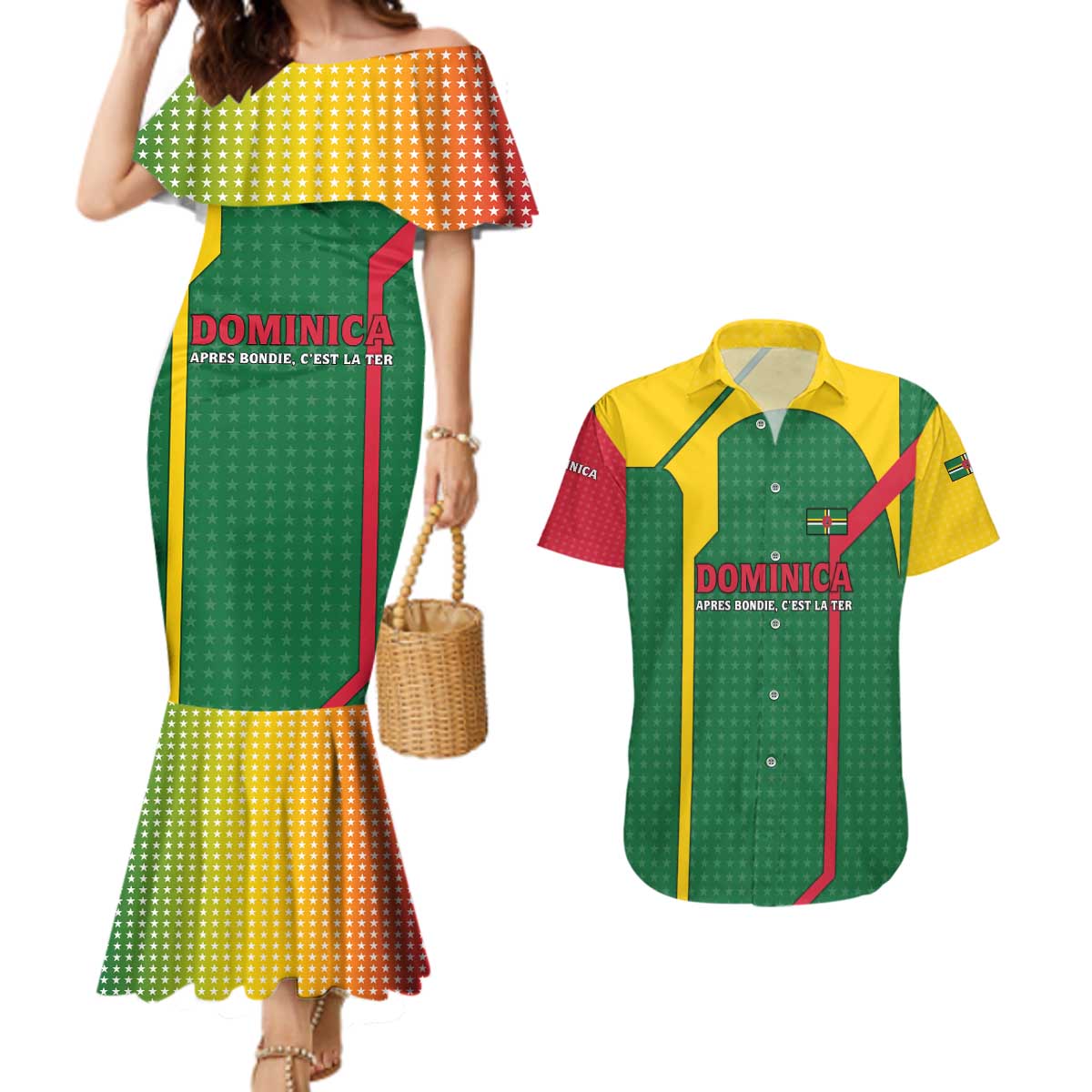 Dominica Flag Couples Matching Mermaid Dress and Hawaiian Shirt National Parrot and Stars Design with Motto Apres Bondie C’est La Ter - Wonder Print Shop
