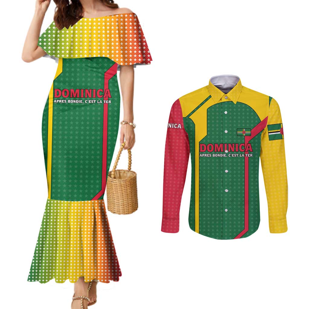 Dominica Flag Couples Matching Mermaid Dress and Long Sleeve Button Shirt National Parrot and Stars Design with Motto Apres Bondie C’est La Ter - Wonder Print Shop