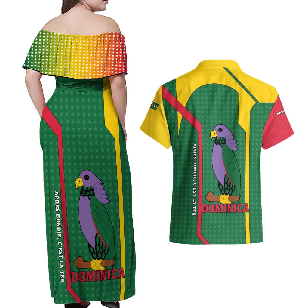 Dominica Flag Couples Matching Off Shoulder Maxi Dress and Hawaiian Shirt National Parrot and Stars Design with Motto Apres Bondie C’est La Ter - Wonder Print Shop
