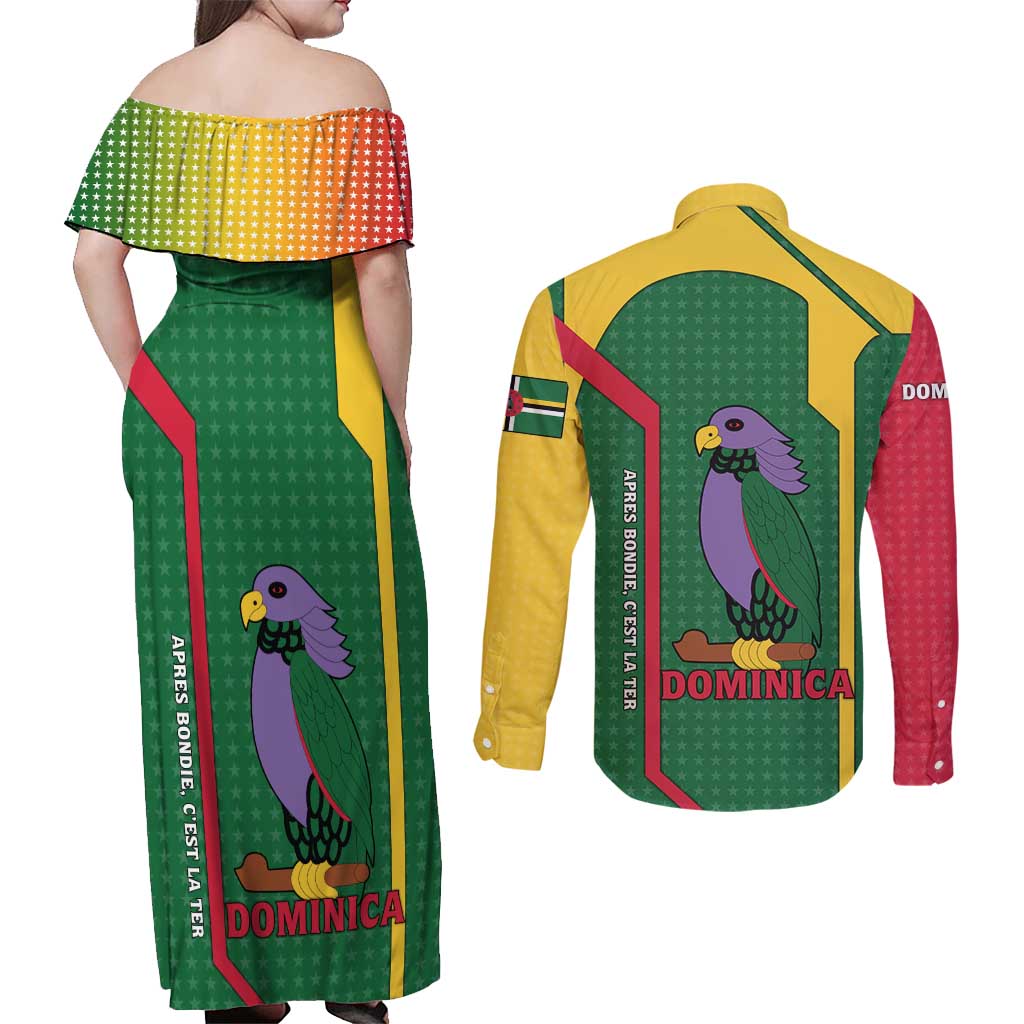 Dominica Flag Couples Matching Off Shoulder Maxi Dress and Long Sleeve Button Shirt National Parrot and Stars Design with Motto Apres Bondie C’est La Ter - Wonder Print Shop