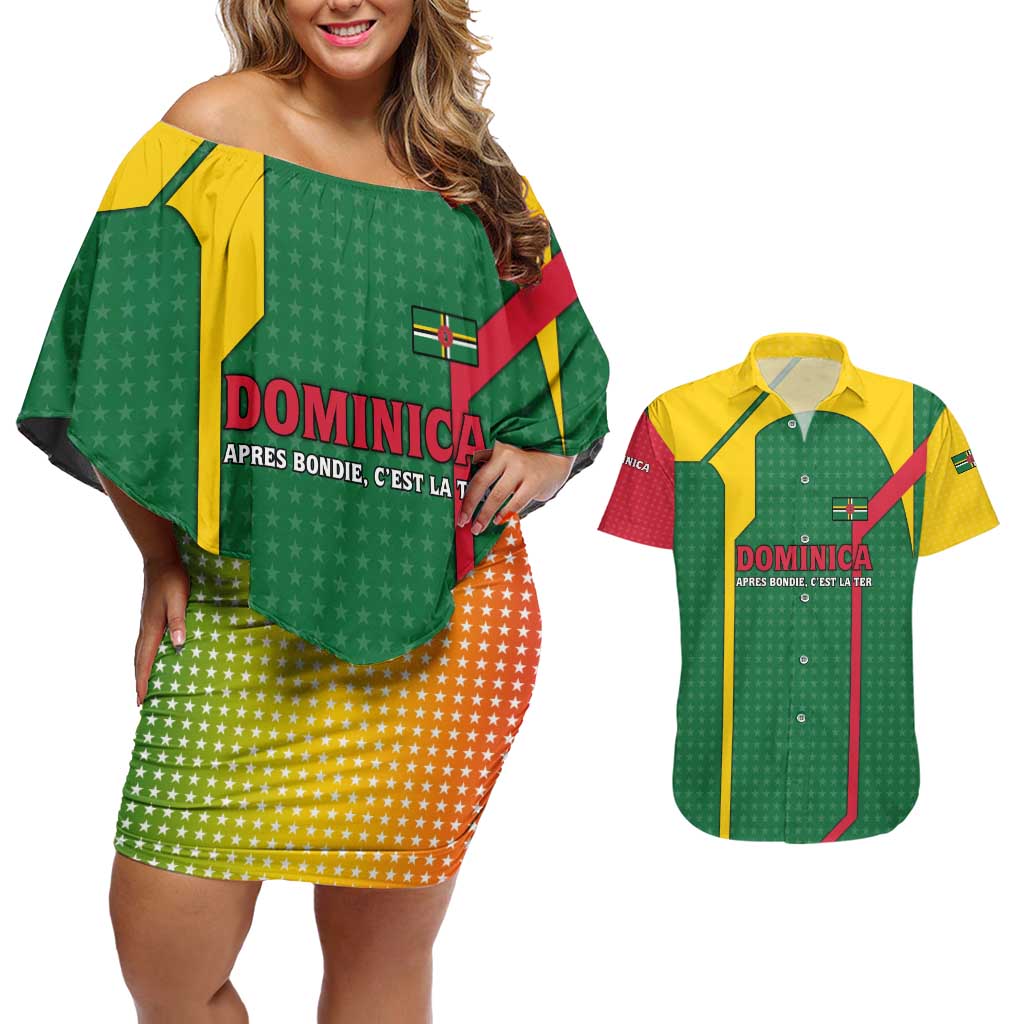 Dominica Flag Couples Matching Off Shoulder Short Dress and Hawaiian Shirt National Parrot and Stars Design with Motto Apres Bondie C’est La Ter - Wonder Print Shop
