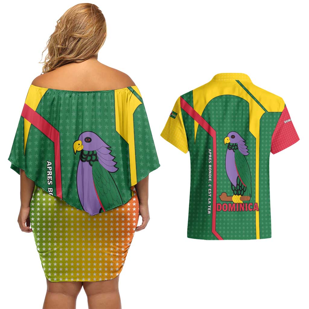 Dominica Flag Couples Matching Off Shoulder Short Dress and Hawaiian Shirt National Parrot and Stars Design with Motto Apres Bondie C’est La Ter - Wonder Print Shop